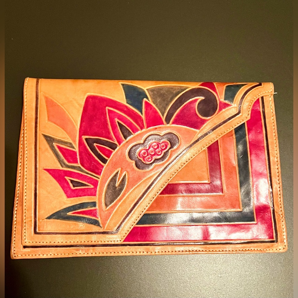 Vintage 1970s Hand Tooled Leathe Multicolour Bohemian Clutch Made in India